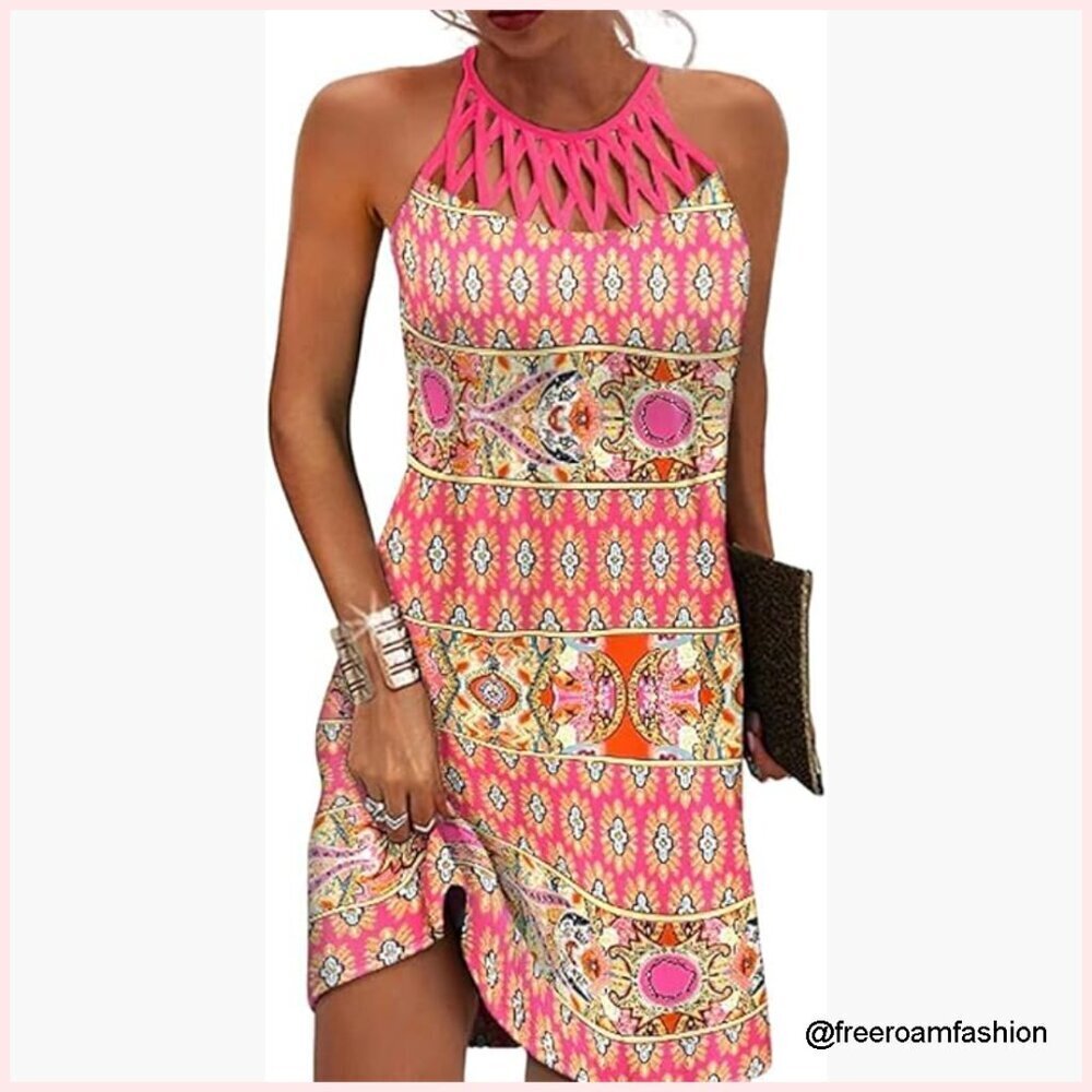 Floral Halter Neck A-Line Sundress Casual Summer Dress Lightweight Polyester